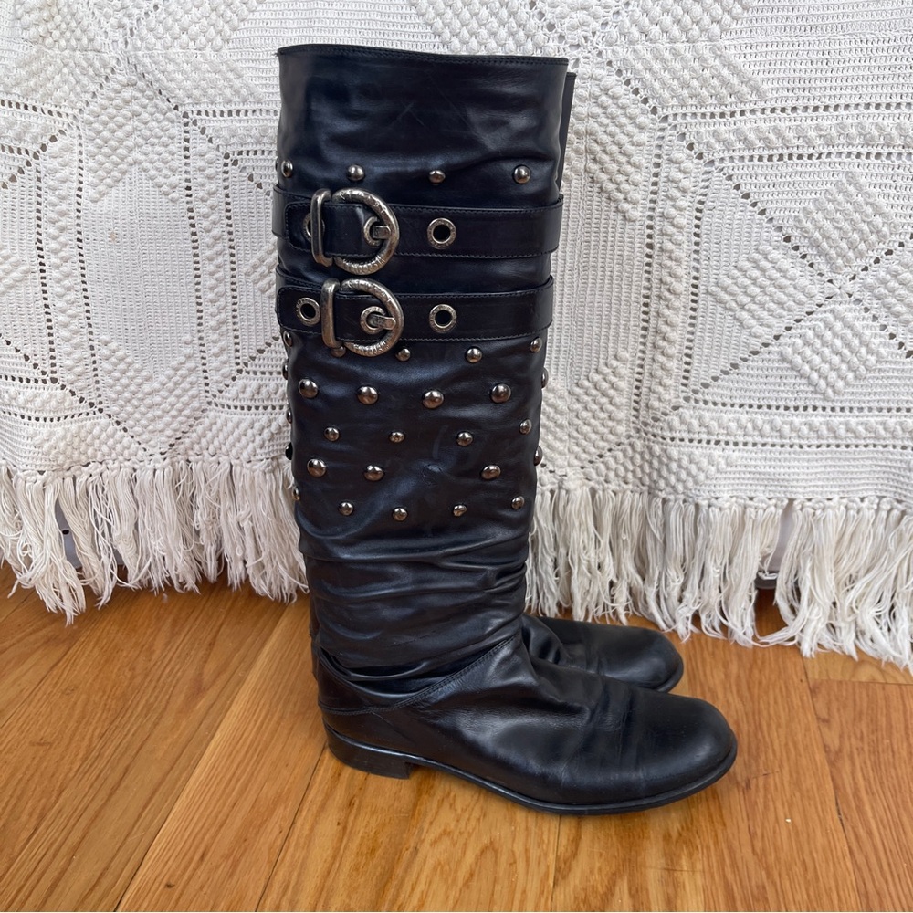 Gatling Knee High boots with gunmetal studs and buckles